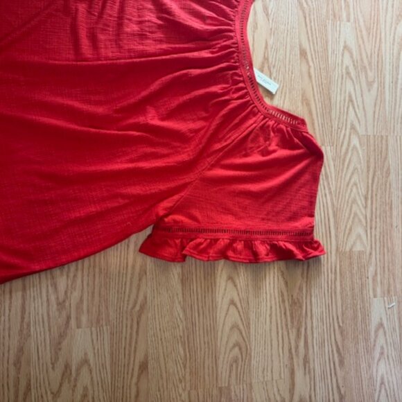 Max Studio Ruffle Sleeve Top Crocheted Neckline in Lava - Picture 7 of 7